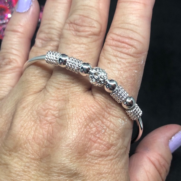 Silver Beaded Bangle Bracelet - Picture 9 of 12